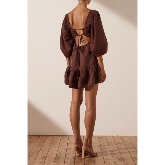 NWT Shona Joy Marlene Linen Open Back Mini Dress in Chocolate - Picture 1 of 9